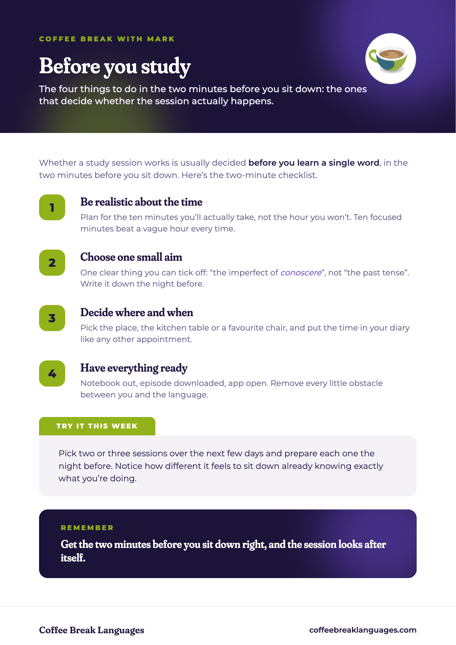 Preview of the one-page Before you study summary sheet